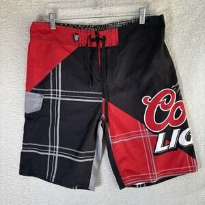 Coors Light Beer Board Shorts Mens 36 Black Red Logo Pockets Swim Trunks Unlined